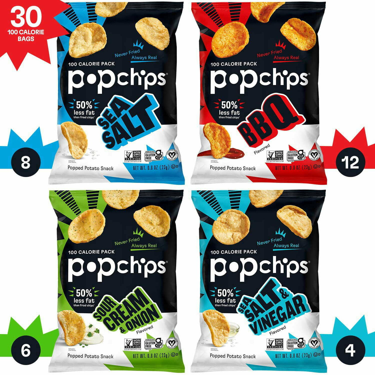 Popchips Variety Pack Chips, 0.8 oz., 30 pk.