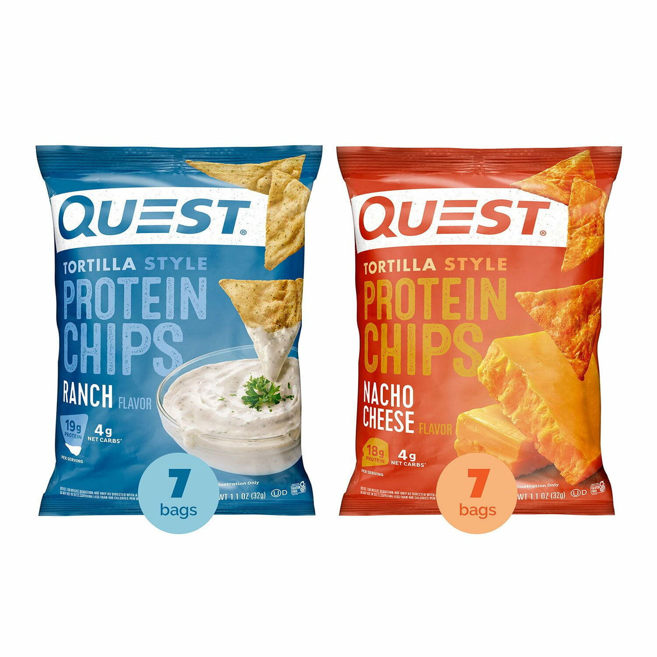 Quest Tortilla Style 18-19g Protein Chip Variety Pack, Nacho Cheese & Ranch, 14 ct.