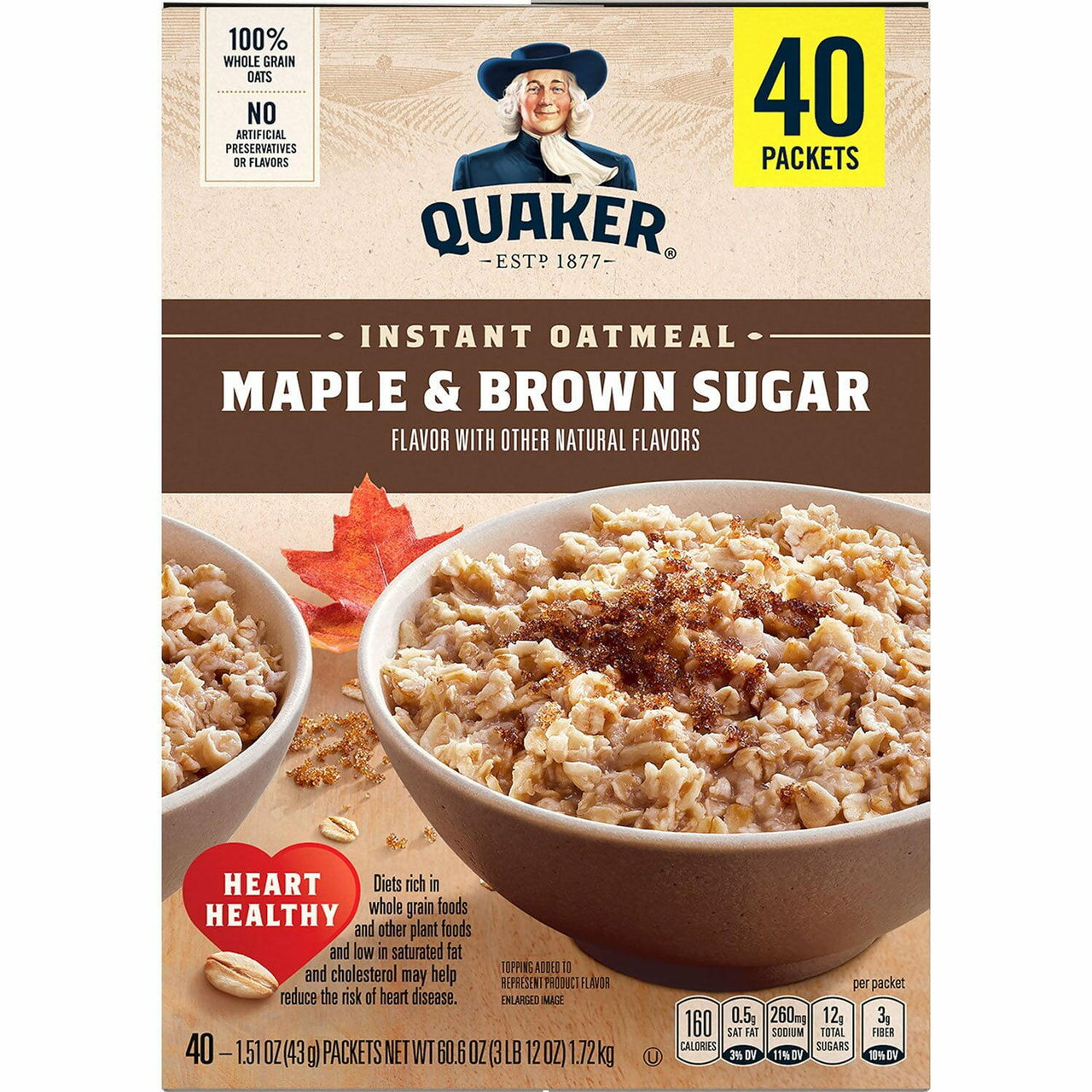 Quaker Instant Oatmeal, Maple Brown Sugar, 1.51 oz., 40 pk.