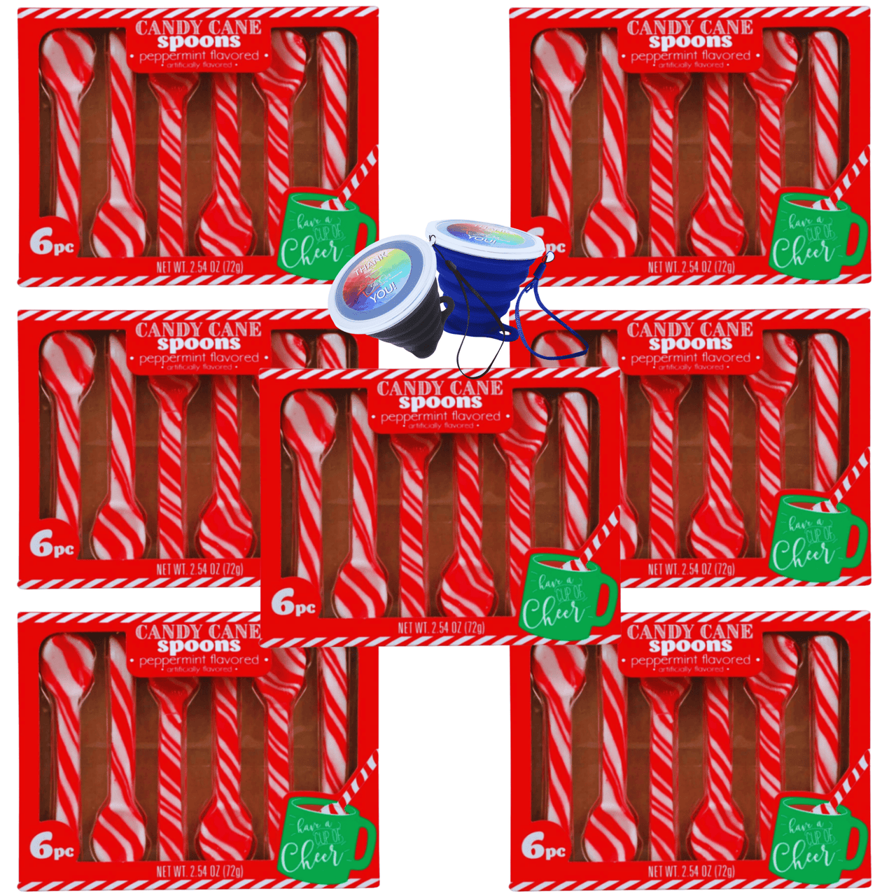 Peppermint Candy Cane Spoons Sweet Puff Flavored Candy Spoon for Hot Chocolate Cocoa Tea Coffee, Christmas Stocking Stuffer Party Favors Bulk 6-Ct per Box with 1-Collapsible Cup( 7 Boxes, 42 Spoons)