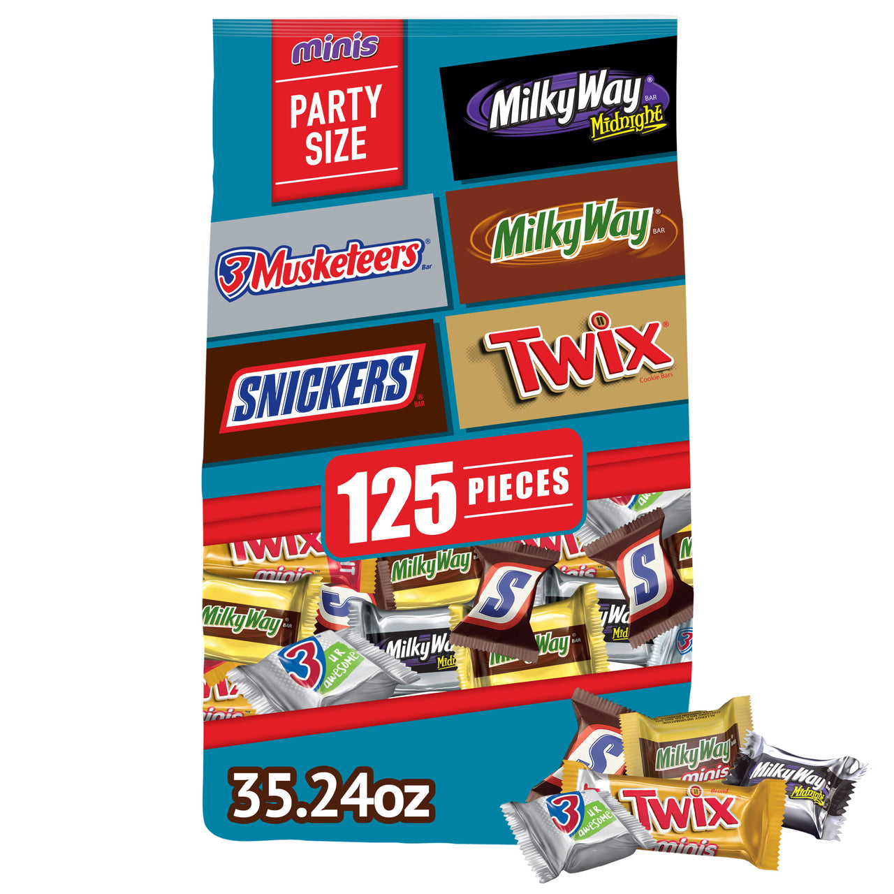 Snickers, Twix, Milky Way, 3 Musketeers Assorted Milk Chocolate Candy Bars - 125 Ct