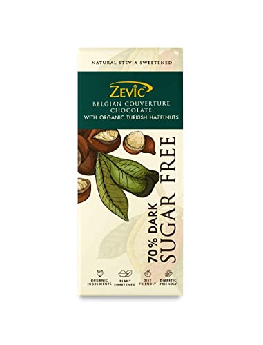 Zevic Sugar Free 70% Dark Belgian Chocolate with Organic Turkish Hazelnuts Vegan | Diabetic Friendly | Natural Sweetened | Keto Friendly 40 gm (Pack of 7)