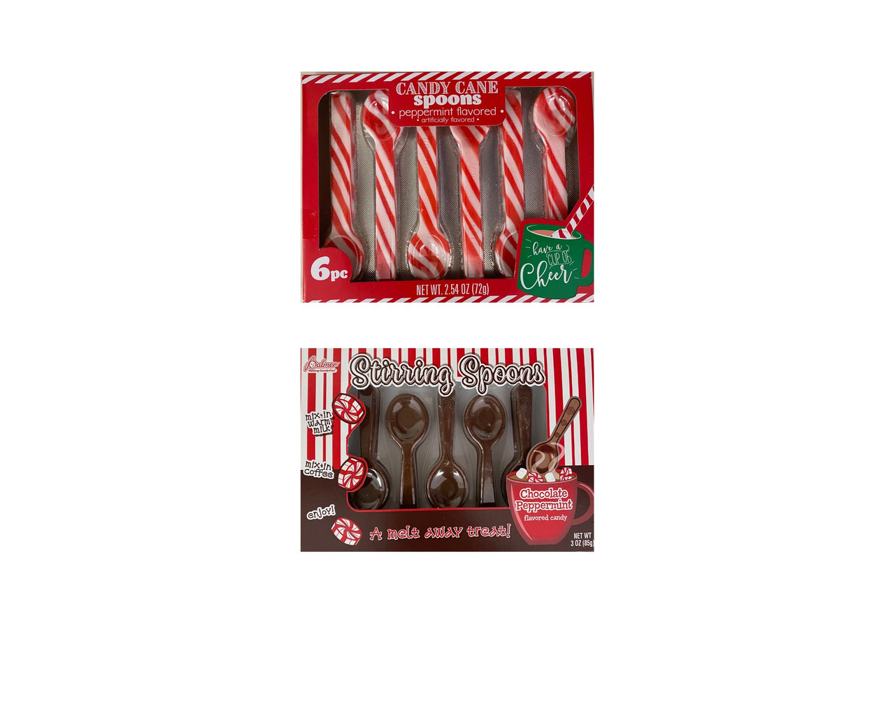 FSSTAM Holiday Bundle Candy Cane Peppermint Spoons-one 2.54oz pack and Chocolate Peppermint Stirring Spoons-one 3oz pack