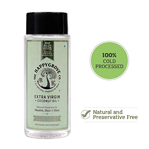 The HappyGrove Co. Extra Virgin Coconut Oil - 200 ml | Cold Processed From Pure Coconut Milk | Dietary, Beauty & Wellness Benefits | 100 % Natural & Preservatives Free (Pack of 1)