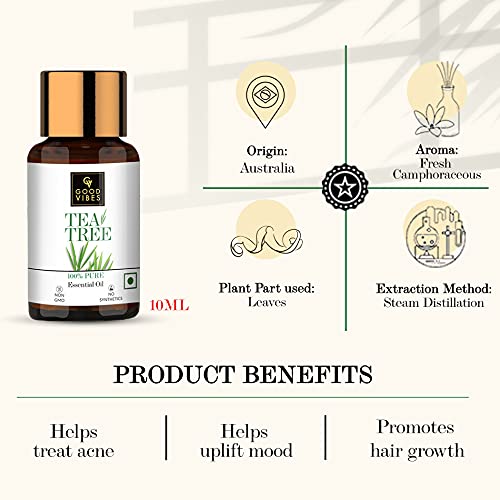 Good Vibes 100% Pure Tea Tree Essential Oil, 10 ml Controls Excess Sebum, Helps Reduce Dark Spots & Acne Scars, Stimulates Hair Growth, Suitable For All Skin & Hair Types, No Alcohol, Parabens & Sulphates