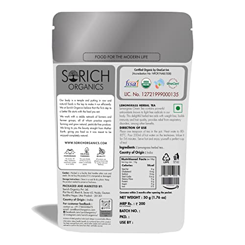 Sorich Organics Lemongrass Herbal Tea - 50 Gm - Organic Whole Loose Leaf Tea | Iced Tea | Good for Skin & Hair | High Antioxidants Tea | Boost Metabolism & Boosting Immunity | Weight Management