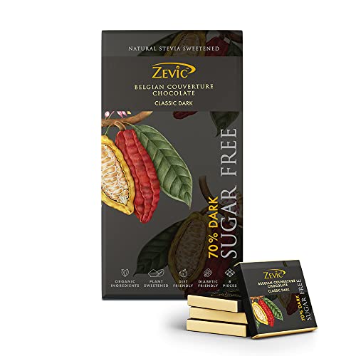 ZEVIC 70% Dark Belgian Sugar Free Chocolate | Vegan & Keto Friendly | Natural Stevia Plant Sweetened | Gluten Free - 96g