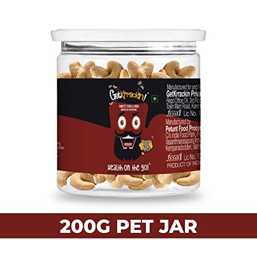 GetKrrackin! Sweet Chilli BBQ Roasted Cashews - 200g PET Jar | Zero Oil, Not Fried | Healthy Nuts | Premium Cashews | Nutrition On The Go| Perfect for workouts | Rich in protein