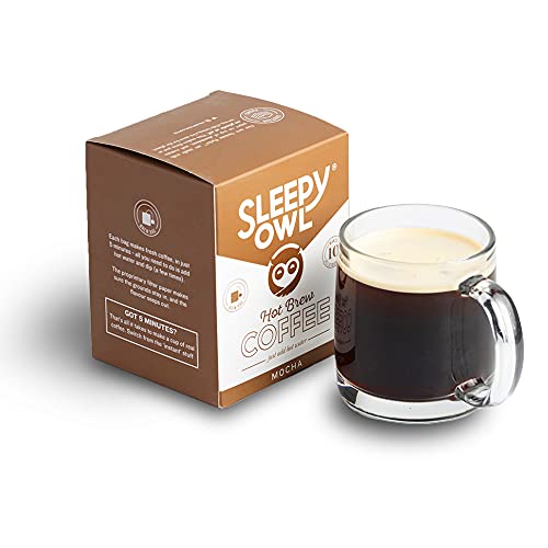 Sleepy Owl Coffee Mocha Hot Brew Bags | Set of 10 Bags - Makes 10 Cups | 3 Step Brew - No Equipment Required | 100% Arabica Beans - Sourced Directly from Farms
