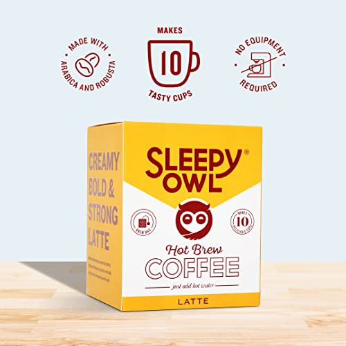 Sleepy Owl Coffee Latte Hot Brew Bags | Hot Brew Coffee |5 Minute Brew - No Equipment Required | 100% Arabica Beans | Set of 10 Bags - Makes 10 Cups
