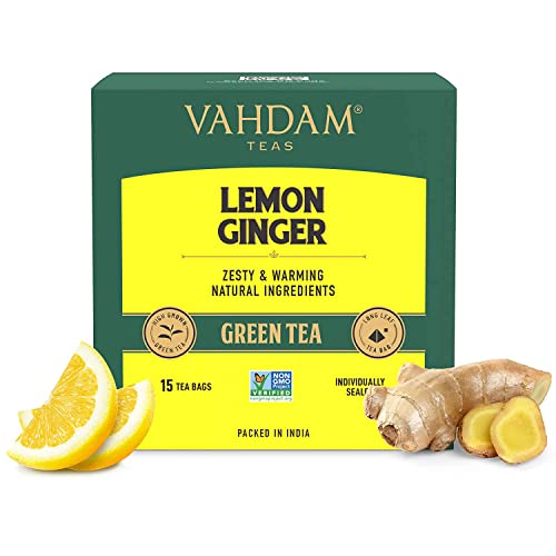 VAHDAM - Organic Ginger Lemon Green Tea -15 Green Tea Bags | Lemon Tea - Rich in Vitamin C | Certified Organic Detox Tea & Ginger Tea Aids Weight Loss