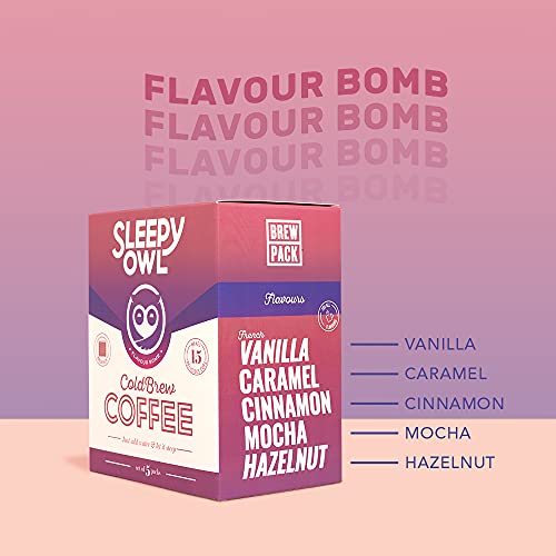 Sleepy Owl Cold Brew Pack Flavour Box | 5 Flavours | Set of 5 Brew Packs - Makes 15 Cups | 100% Arabica Coffee | 3 Step Cold Brew - No Equipment Required