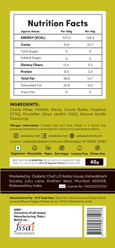 A Diabetic Chef Hazelnut Belgian Sugar-Free Dark Chocolate | Vegan, 40 g