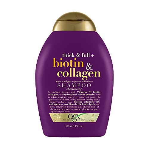 OGX Thick & Full + Biotin & Collagen Volumizing Shampoo for Thin Hair, Thickening Shampoo with Vitamin B7, Collagen & Hydrolyzed Wheat Protein, For Thicker, Fuller, Healthier looking hair, Sulfate Free Surfactant, No Parabens, 385 ml