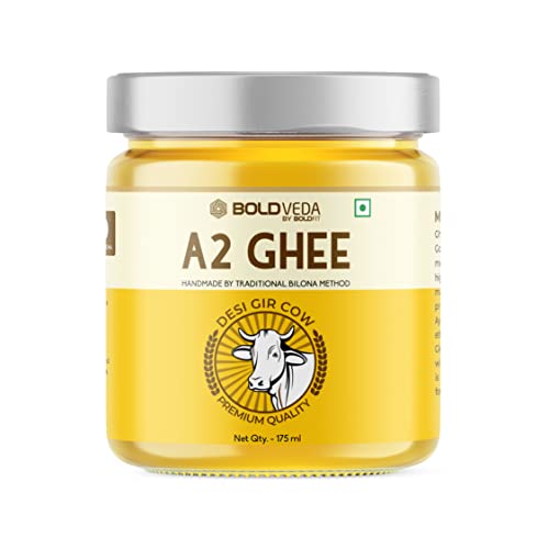 BOLDVEDA A2 Ghee - Desi Gir Cow Ghee Pure & Natural Hand Made by Traditional Bilona Method - Gluten Free with Rich Taste & Aroma -175 ml (BVA2GHEE175ML)