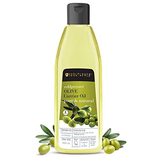 Soulflower Olive Carrier Oil for Moisturizing Skin & Face, Hair Nourishment, Makeup Primer - 100% Pure & Natural Undiluted Coldpressed Oil, 225ml