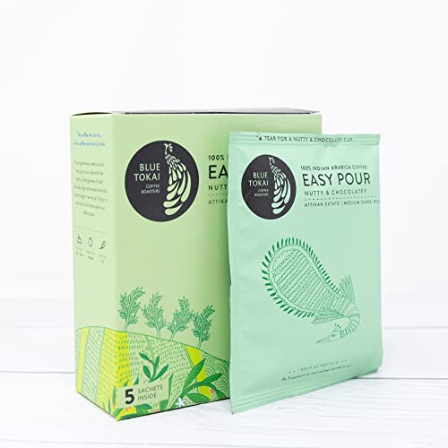 Blue Tokai Easy Pour Coffee Medium-Dark Roast Attikan Estate | Nutty & Chocolatey | Pack of 5 Sachets | Arabica Specialty Fresh Gourmet Instant Brew Coffee Bag