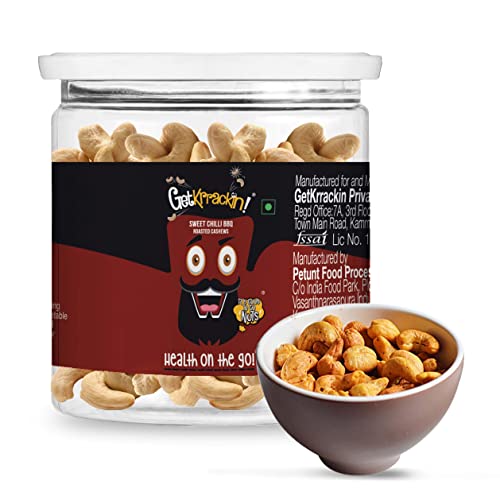 GetKrrackin! Sweet Chilli BBQ Roasted Cashews - 200g PET Jar | Zero Oil, Not Fried | Healthy Nuts | Premium Cashews | Nutrition On The Go| Perfect for workouts | Rich in protein