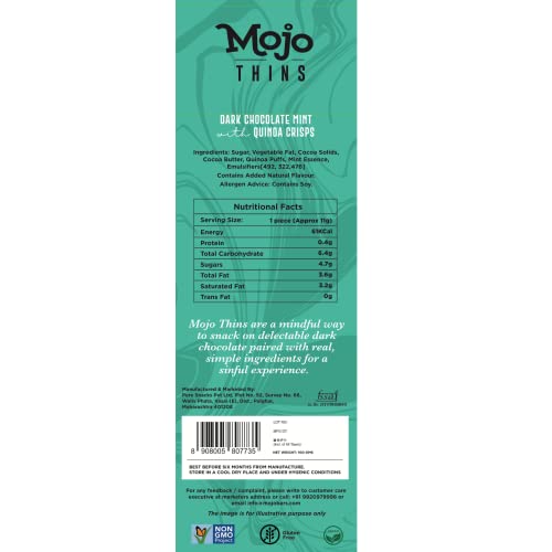 Mojo Bar Thins - Dark Chocolate Mint with Quinoa Crisps (Vegan, Portion Controlled), 108 GM