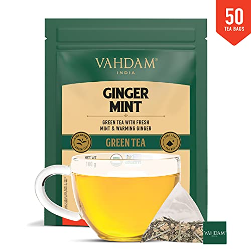 VAHDAM, Organic Ginger Mint Green Tea Bags- 50 Tea Bags | Aids Digestion | Refreshing Detox: with Ginger & Mint, Certified Organic Tea | Antioxidant Rich | Boosts Immunity