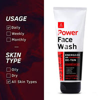 Ustraa Power Face Wash Energize and De-Tan - 200g - Dermatologically Tested, No Sulphates, No Parabens, No Silicone, No Mineral Oil