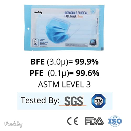 Vandelay 3 Ply Non-Woven Fabric Disposable Surgical Mask - BFE & PFE 99.5% - UV Sterilized - 3 Layer Face Masks (Blue, Without Valve, Pack of 50) for Unisex