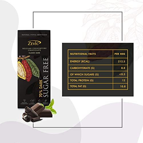 Zevic 70% Dark Belgian Sugar Free Keto Chocolate | Vegan | Diabetic Friendly | Healthy 40gm (Pack of 5)