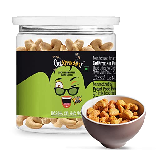 GetKrrackin! Lemon Pepper Roasted Cashews - 200g PET Jar | Zero Oil, Not Fried | Healthy Nuts | Anytime munching| Rich in fibre & protein |Perfect for gifting