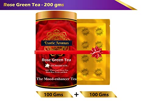 Exotic Aromas Rose Green Tea (200 G Serves 100 cups), with rose petals for good skin, hair, soothes menstrual cramps and weightloss