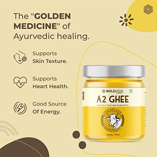 BOLDVEDA A2 Ghee - Desi Gir Cow Ghee Pure & Natural Hand Made by Traditional Bilona Method - Gluten Free with Rich Taste & Aroma -175 ml (BVA2GHEE175ML)
