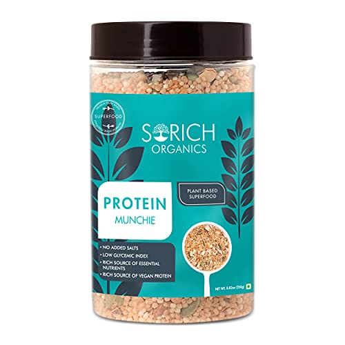 Sorich Organics Protein Munchies - 250 Gm - Mixture of Quinoa Puffs, Soya Nuts, Almonds, Sunflower & Pumpkin Seeds | Super Healthy Ready to Eat Snacks | Daily Dose of High Protein | Gluten Free | Healthy Breakfast For Immunity Booster