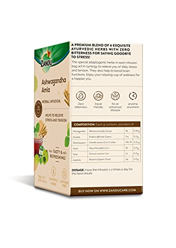 Zandu Ashwagandha Amla Ayurvedic Infusion, a Herbal Tea Enriched with 6 Ayurvedic Ingredients (25 Tea Bags)