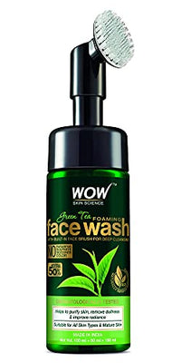 WOW Skin Science Green Tea Foaming Face Wash with Built-In Face Brush - for Treating Acne and Unclogging Pores - 150mL