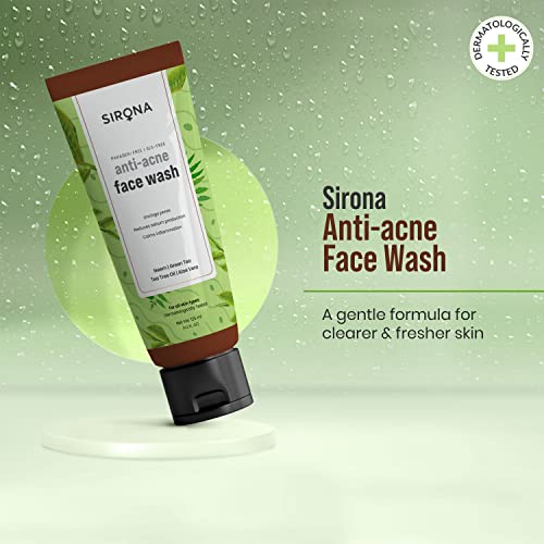 Sirona Anti Acne Face Wash for Men & Women – 125 ml with Neem, Green Tea, Tea Tree Oil & Aloe Vera | for Unclogs pores, Reduces sebum production & Calms inflammation