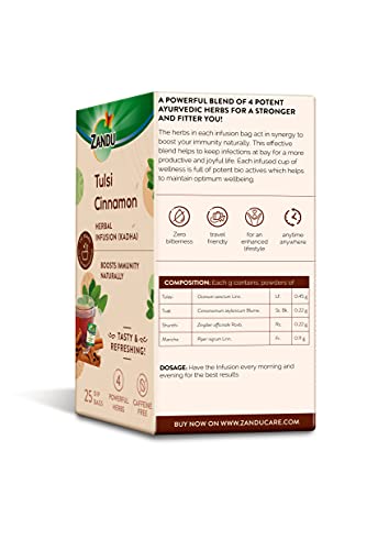 Zandu Tulsi Cinnamon Ayurvedic Infusion (Kadha), Natural Immunity Booster Herbal Tea, Full of Anti-oxidants - 25 Tea Bags