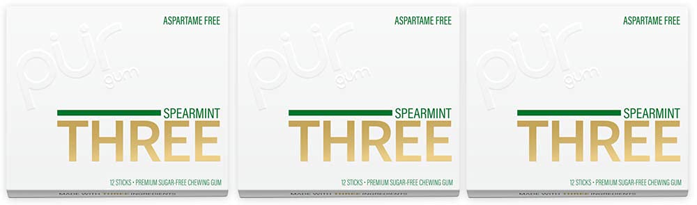 PUR THREE | Sugar Free Chewing Gum | 100% Xylitol | Vegan, Aspartame Free, Gluten Free & Keto Friendly | Natural Spearmint Flavored Gum, 12 Pieces (Pack of 3)