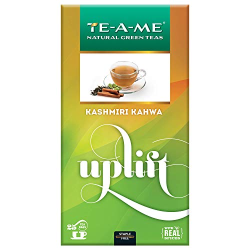 TE-A-ME Uplift Kashmiri Kahwa Natural Green Tea, 25 Tea Bags - 100% Natural Ingredients - Green Tea, Cinnamon, Cardamom