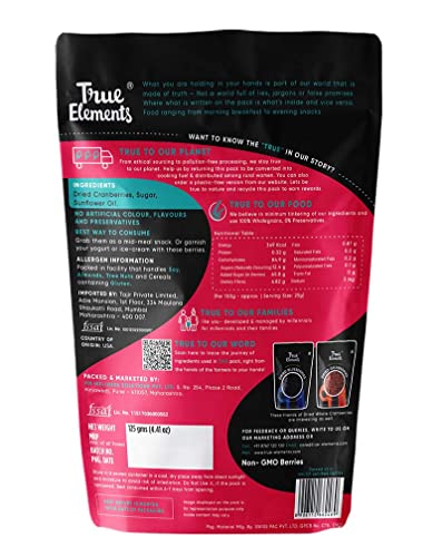 True Elements Whole Cranberries 125g - Cranberry Dry Fruit | Non-GMO, Gluten Free & Vegan Dried Berries
