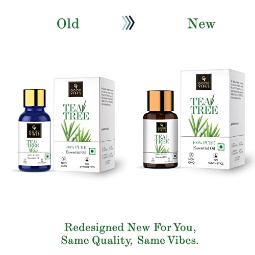 Good Vibes 100% Pure Tea Tree Essential Oil, 10 ml Controls Excess Sebum, Helps Reduce Dark Spots & Acne Scars, Stimulates Hair Growth, Suitable For All Skin & Hair Types, No Alcohol, Parabens & Sulphates