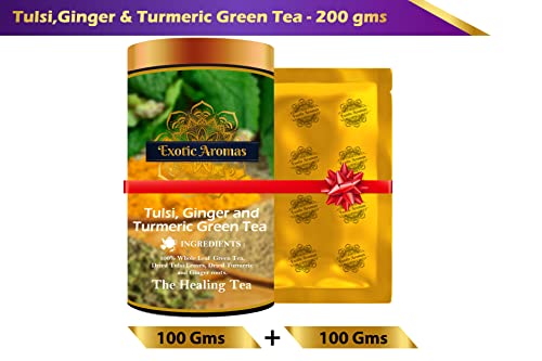 Exotic Aromas Turmeric, Tulsi & Ginger Green Tea (200G serves 100 cups), 100% Whole Leaf Green Tea for Health benefits