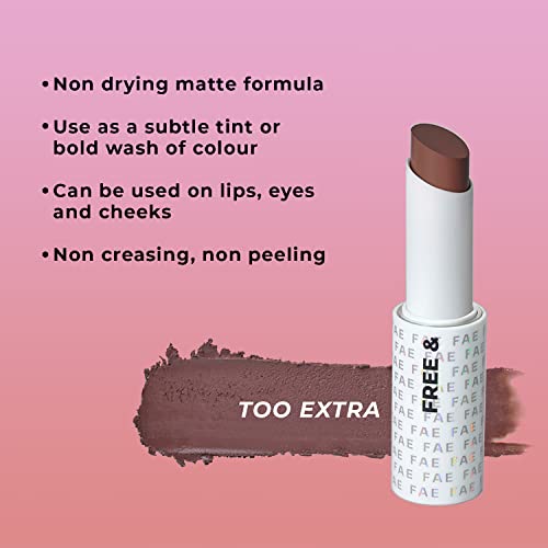 FAE Beauty Chocolate Brown Buildable Matte Lipstick || Non Drying Comfortable Hydrating Matte Lip Tint|| Enriched with Shea Butter And Castor oil || Multi-Use for Lips, Eyes and Cheeks || Vegan (Shade Too Extra)