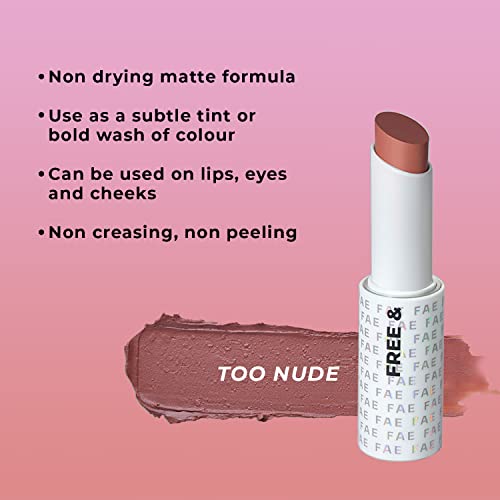 FAE Beauty Warm Brown Nude Buildable Matte Lipstick || Non Drying Comfortable Hydrating Matte Lip Tint|| Enriched with Shea Butter And Castor oil || Multi-Use for Lips, Eyes and Cheeks || Vegan (Shade Too Nude)