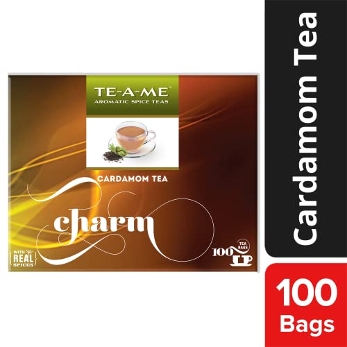 TE-A-ME Charm Cardamom(Elachi) Black Tea, 100 Tea Bags - 100% Natural Ingredients - Black Tea and Real Cardamom | Strong and Flavourful Cardamom(Elachi) Spice Chai
