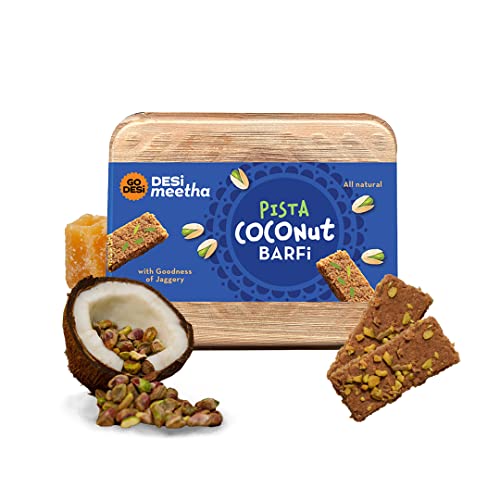 GO DESi - DESi Meetha Pista Coconut Barfi | 300 Grams | 25 Individually Wrapped Pieces | Dry Fruits Sweet | No Refined Sugar | Sweets Indian Mithai