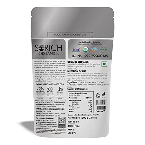 Sorich Organics 6-in-1 USDA Organic Seeds Mix - Mixture of Chia, Pumpkin, Sunflower, Flax Seeds and many more for Weight Management - 200 Gm - Healthy Seeds for Eating | Diet Snacks | Vegan | Gluten Free