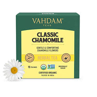 VAHDAM, Organic Chamomile Herbal Tea (15 Pyramid Tea Bags) Caffeine Free, Non-GMO, USDA Organic Ingredients- Chamomile Tea | Floral Flavor | Night Time Beverage, Soothing Tisane