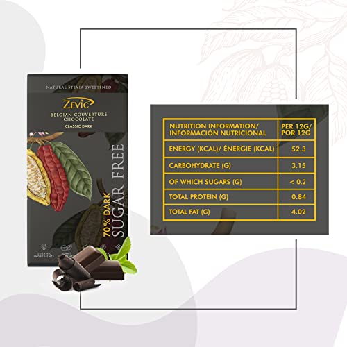 ZEVIC 70% Dark Belgian Sugar Free Chocolate | Vegan & Keto Friendly | Natural Stevia Plant Sweetened | Gluten Free - 96g