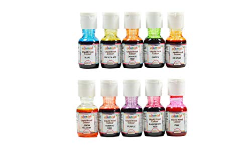 Colourmist Liquid Food Colour Assorted 20 Gm, Pack of 10 Colours (Orange, Blue, Orange Red, Raspberry Red, Purple, Lemon Yellow, Green, Chocolate, Tomato Red, Pink)