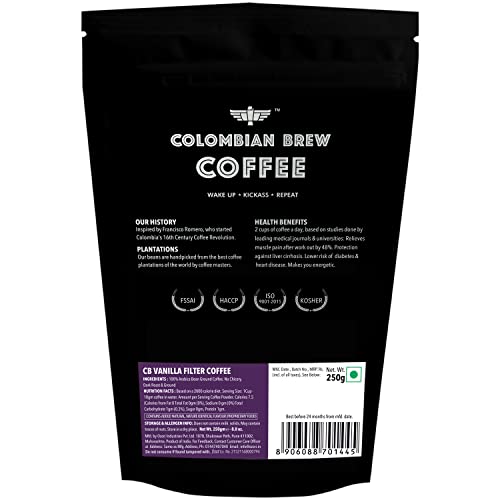 Colombian Brew Vanilla Filter Coffee Powder, Arabica Roast & Ground (Make Espresso, French Press, Cold Brew, Hot Brew), 250g