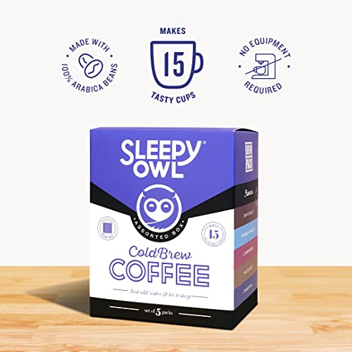 Sleepy Owl Coffee Assorted Cold Brew Packs | 5 Flavours | 3 Step Brew - No Equipment Required | Cold Brew Coffee | 100% Arabica Beans | Set of 5 Packs - Makes 15 Cups
